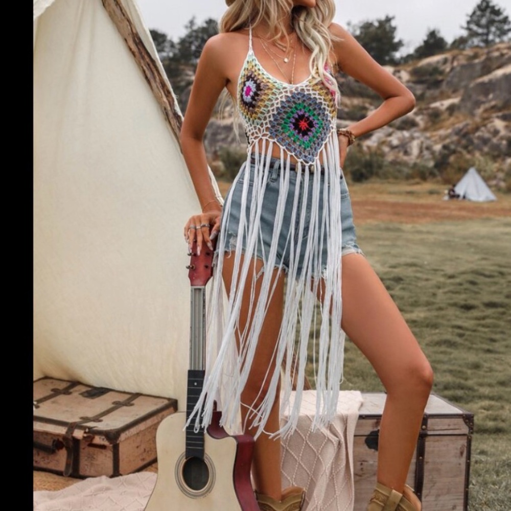 Multiwear Crochet Halter Top XL Granny Square Fringe Festival Boho Sleeveless